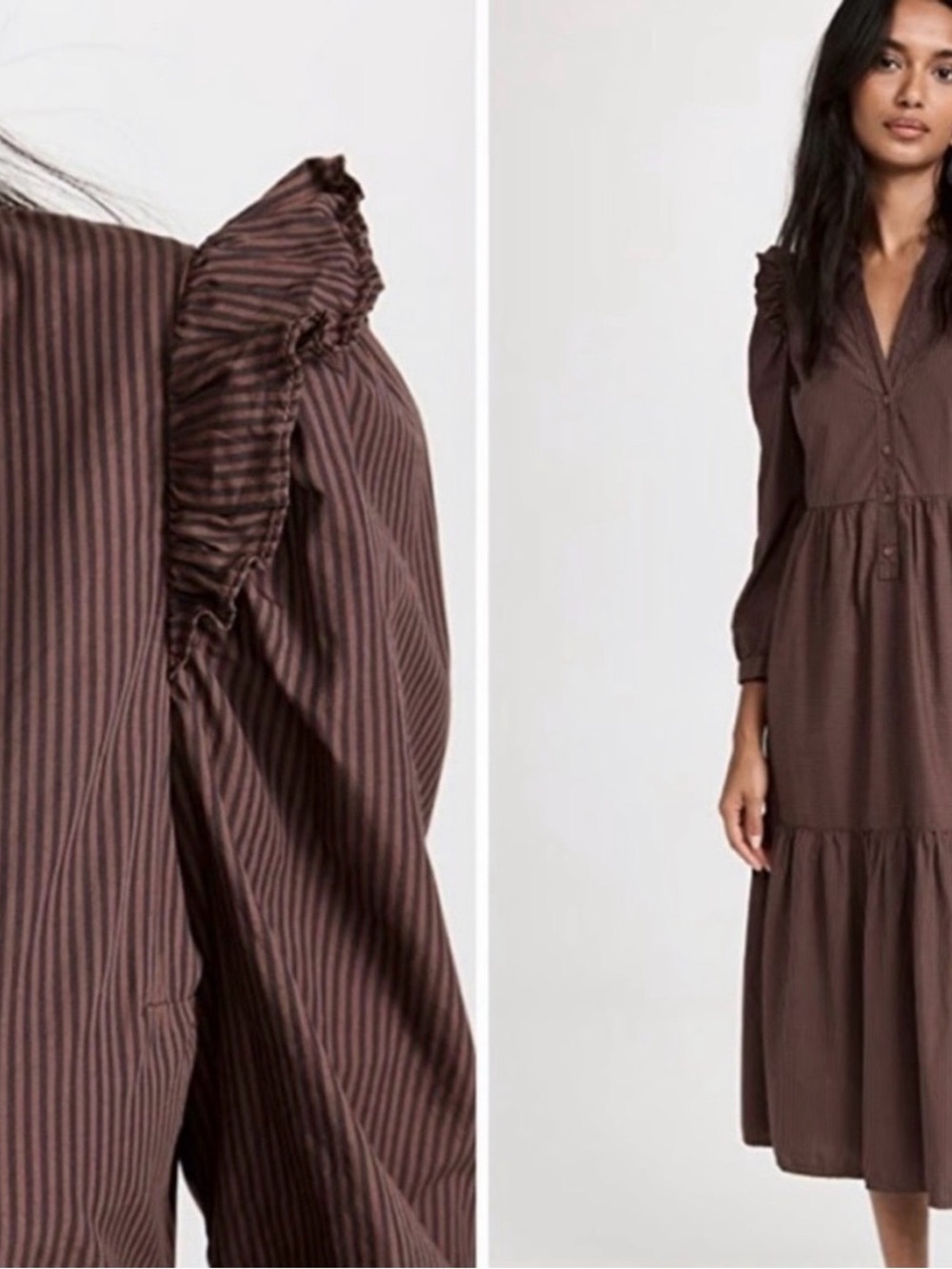 NATION LTD Dalia Midi Dress Womens Large Brown Striped Pima Cotton Ruffle Tiered